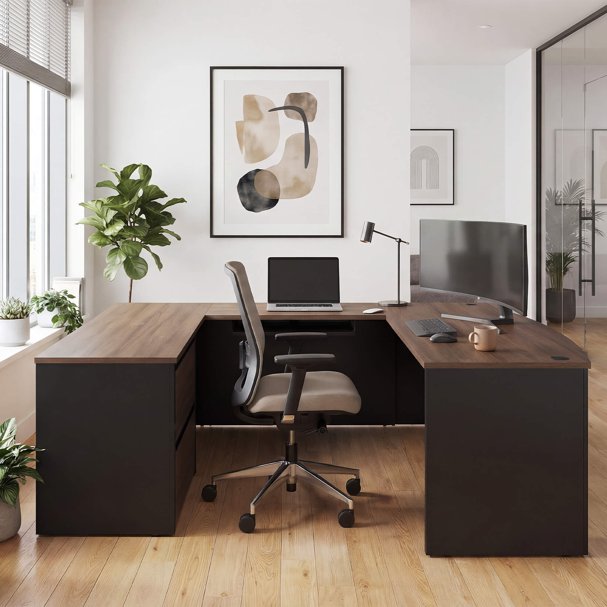 A modern L-shaped home office desk setup in a bright, contemporary room. The desk has a dark brown wood-grain top and a matte black base, paired with a black and gray swivel office chair.