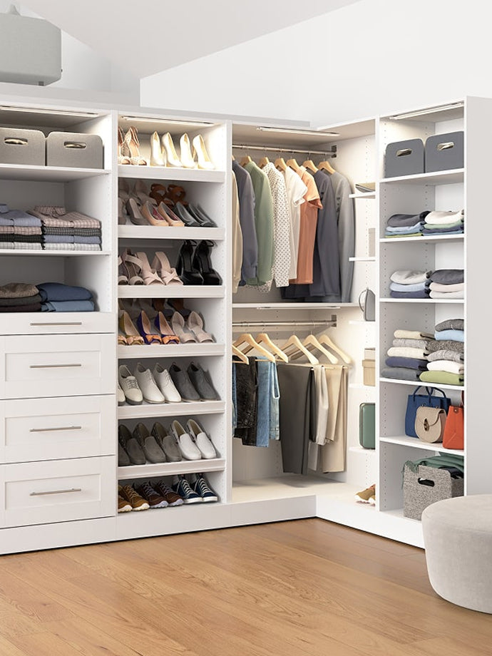 Modern walk-in closet with organized shelves and clothing