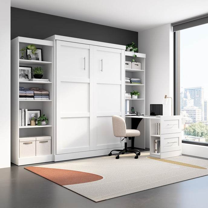 White bedroom furniture set with a Murphy bed, bookshelves, and desk.