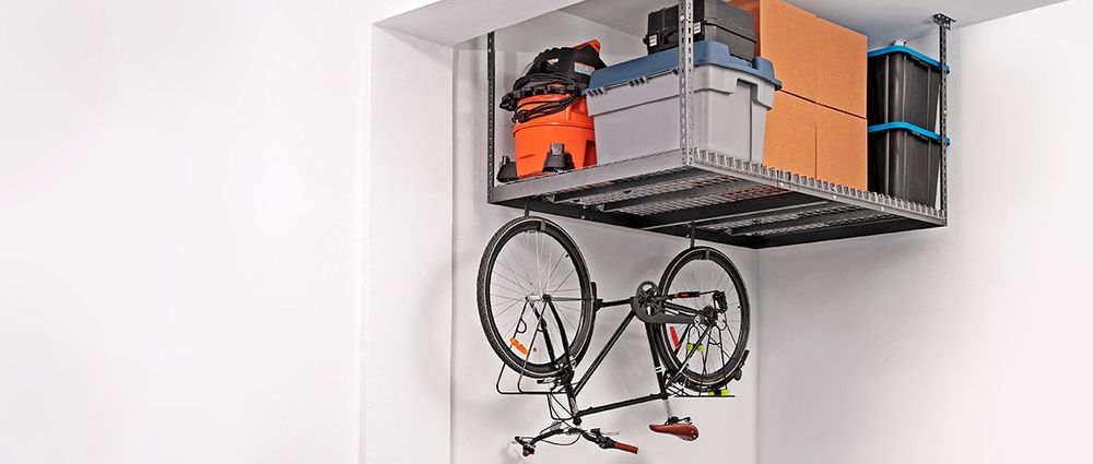Ceiling shelf for garage with bike storage