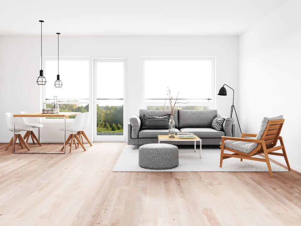 minimalist living room with dining room
