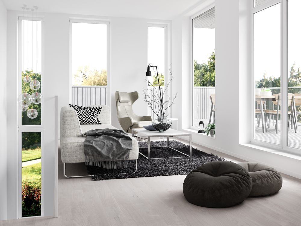 minimalist living room with grey carpet