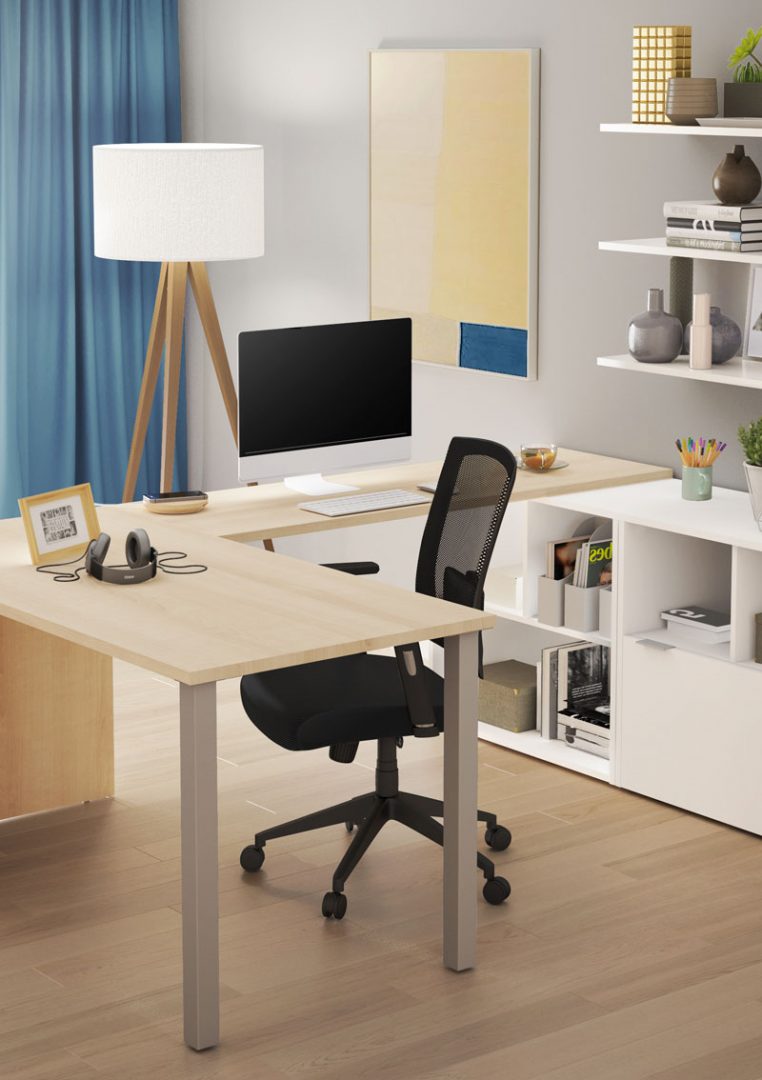 L shaped desk with natural wood finish and white credenza