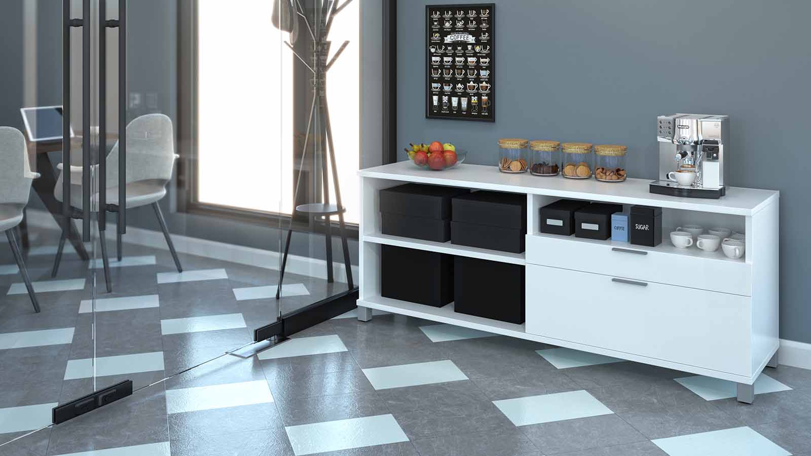 White Credenza in a business's lunch room