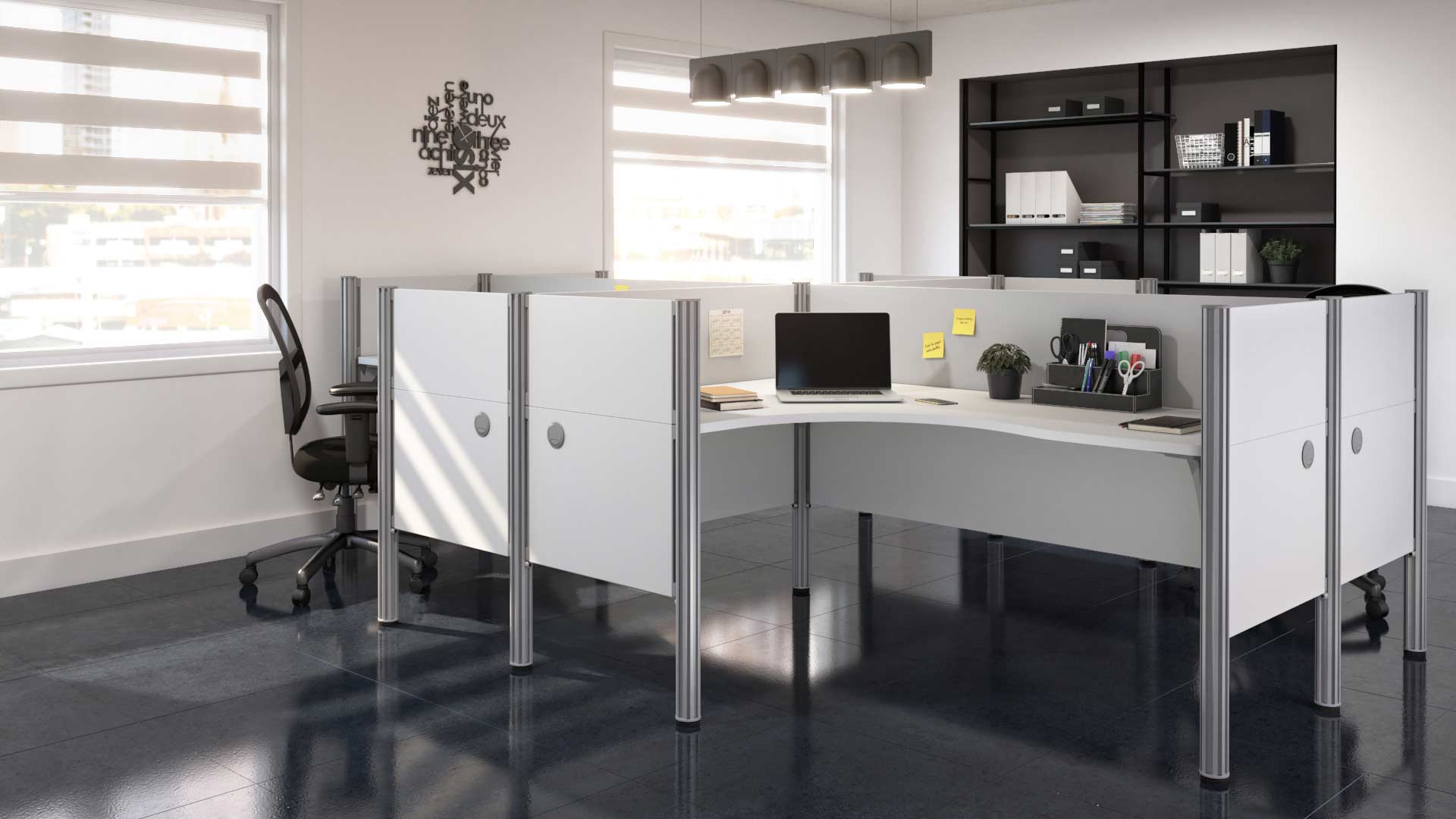 White cubicles in light-filled office