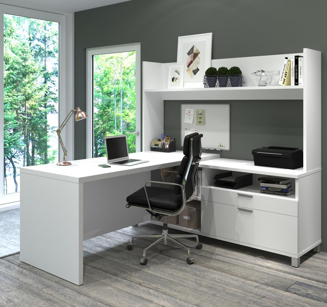 White L-shaped desk with hutch in a grey home office