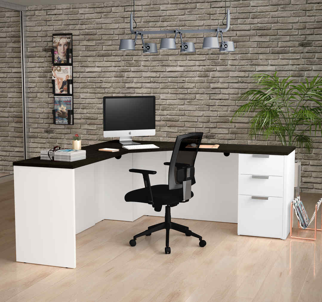 black and white L-shaped desk