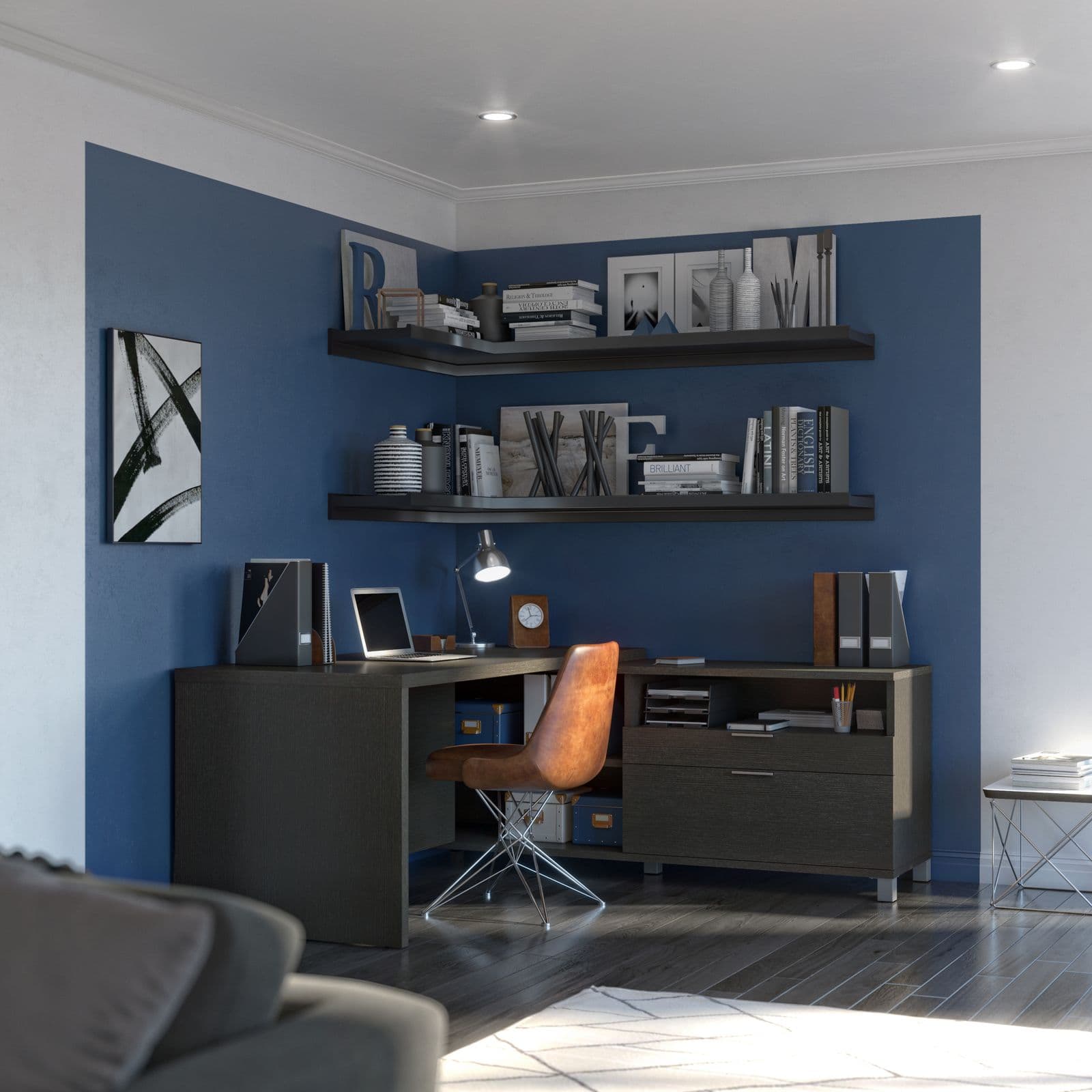 Bestar L-shaped desk with blue accent wall