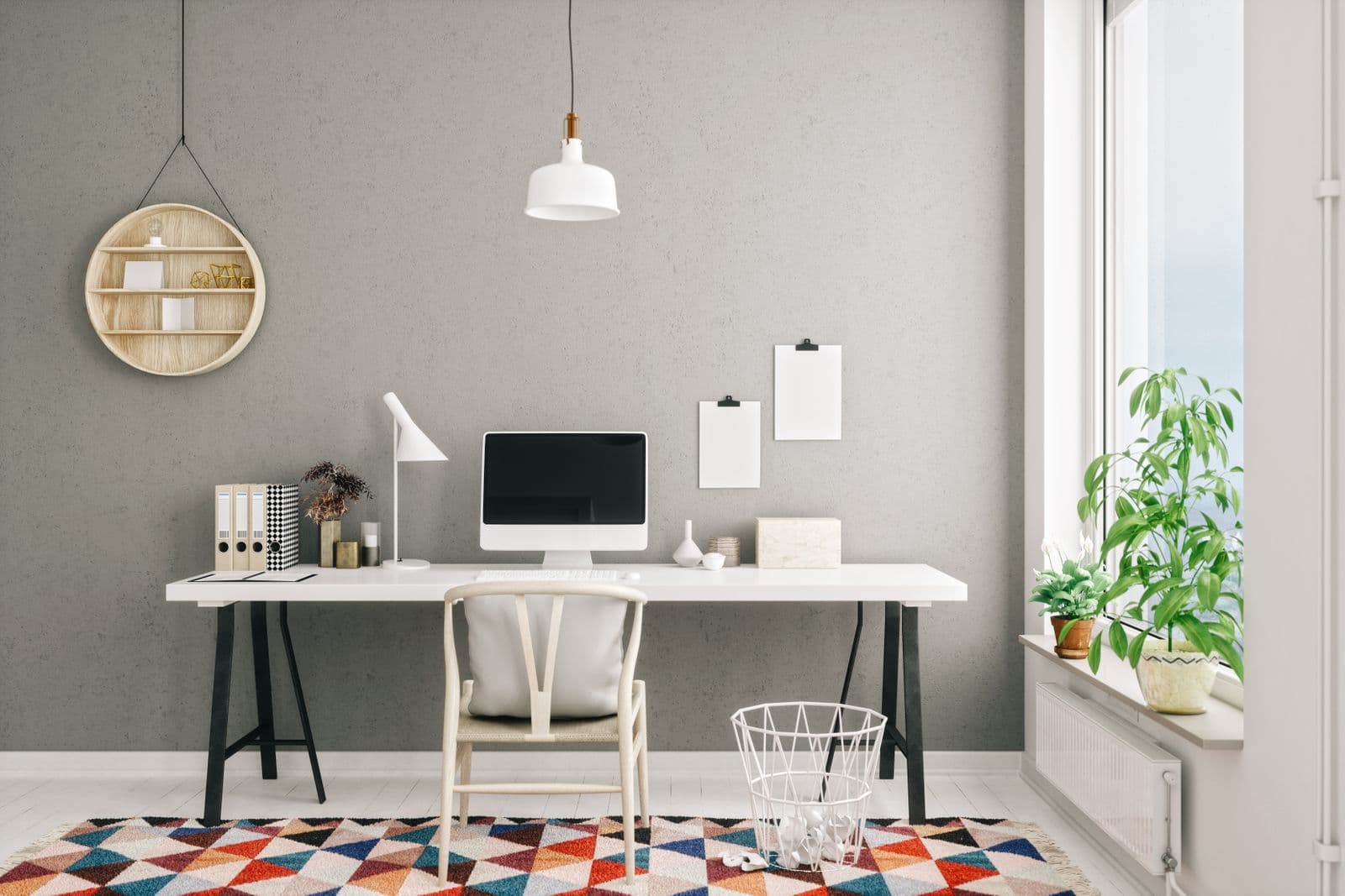 Home office with colorful rug