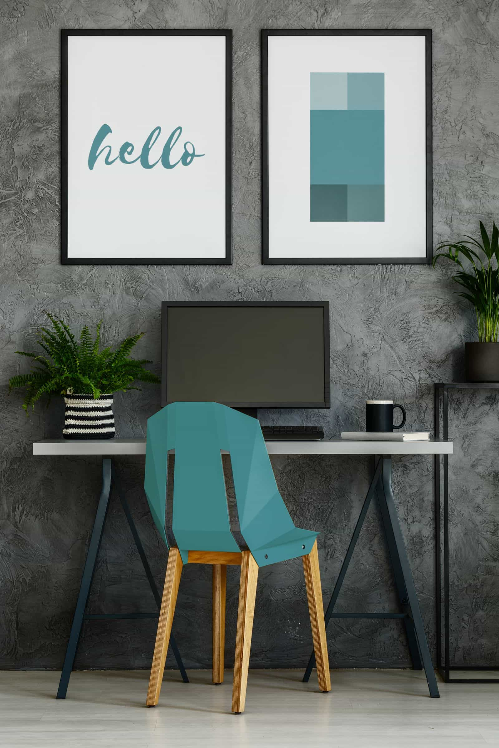 Home office with turquoise chair