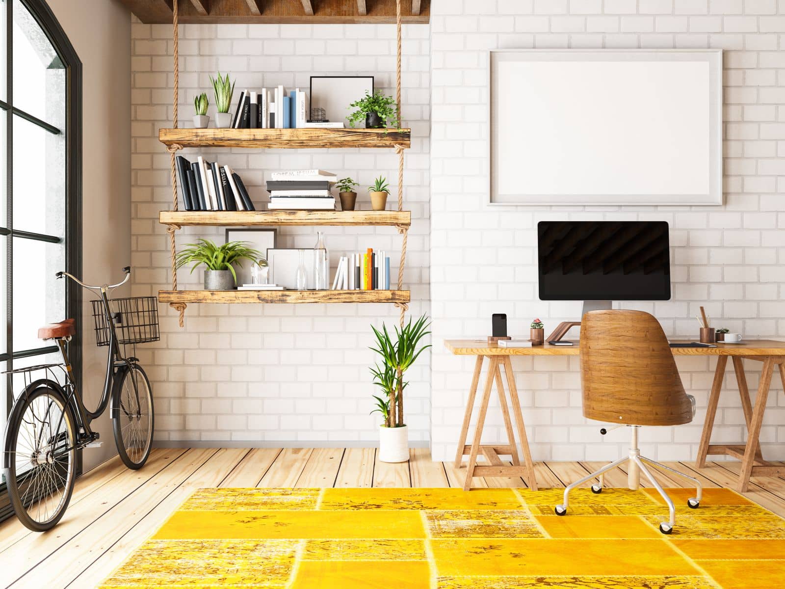 Modern home office with yellow accent rug