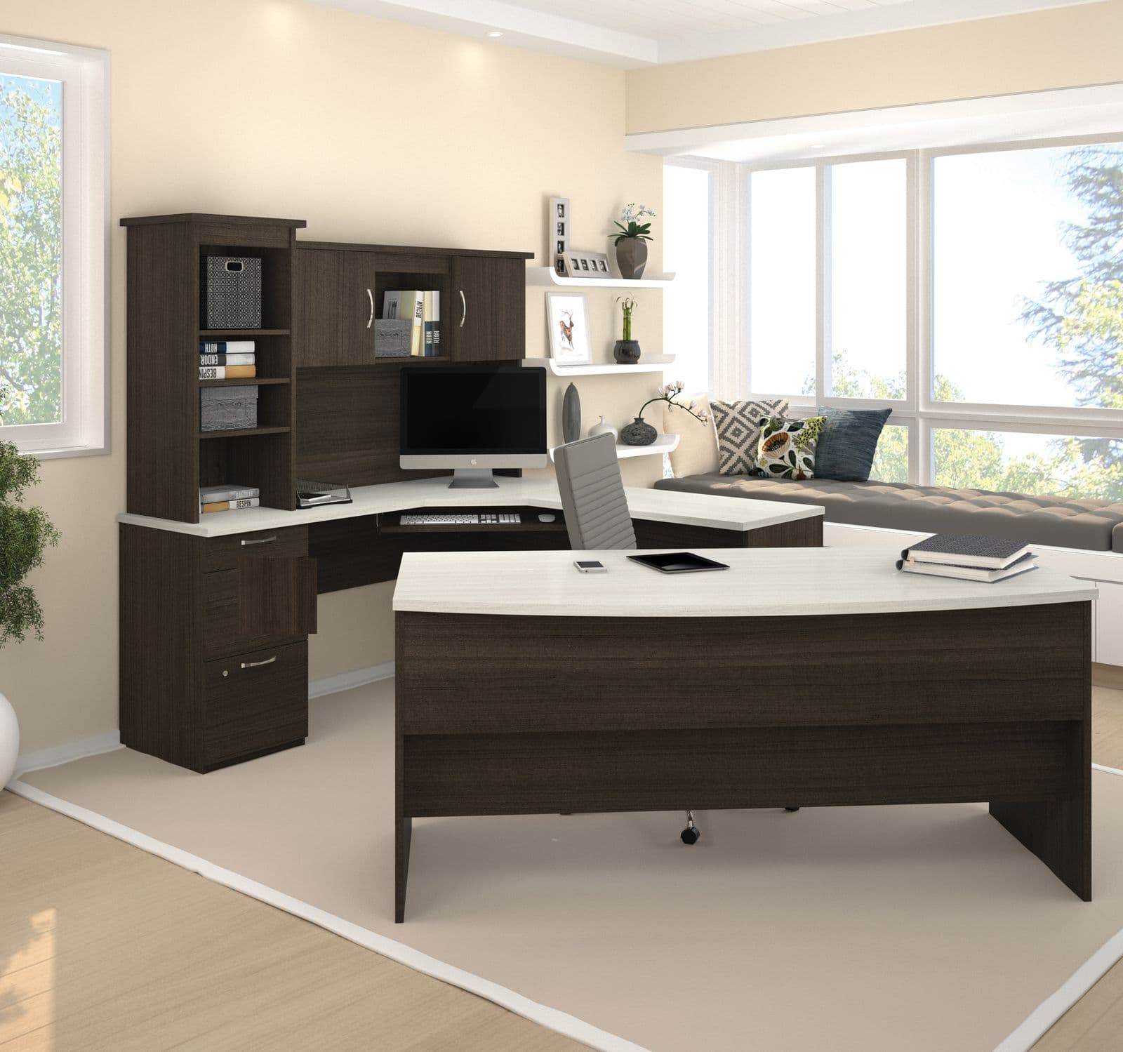 Home office with a Bestar U shaped desk set