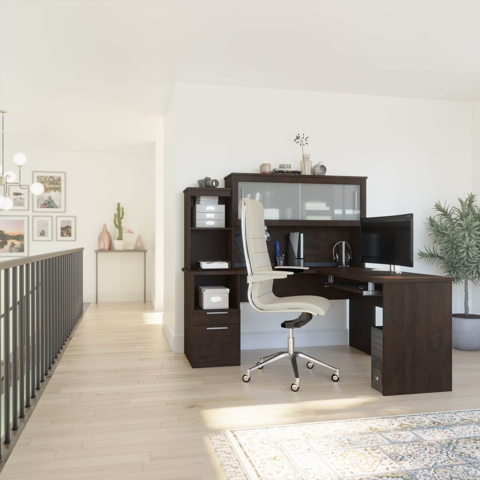 bright home office with a Bestar L shaped desk