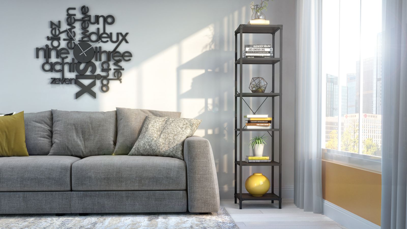 Bestar narrow shelving unit in a living room