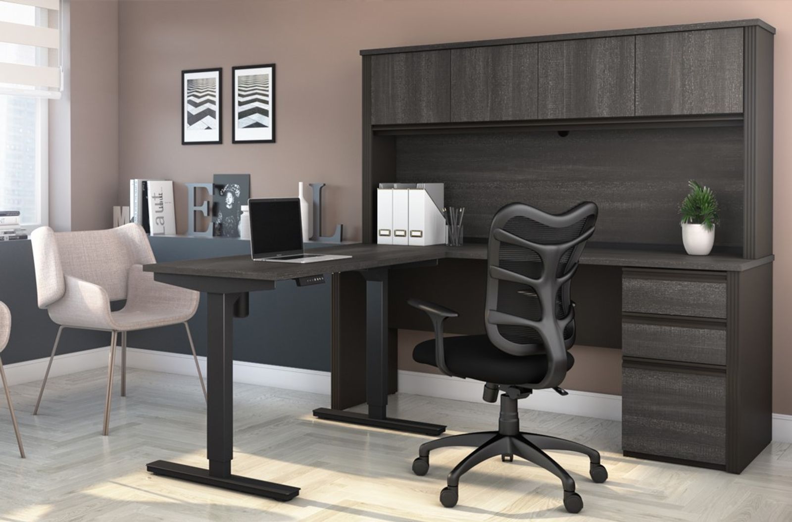 Home office with a Bestar L-Shaped Standing Desk
