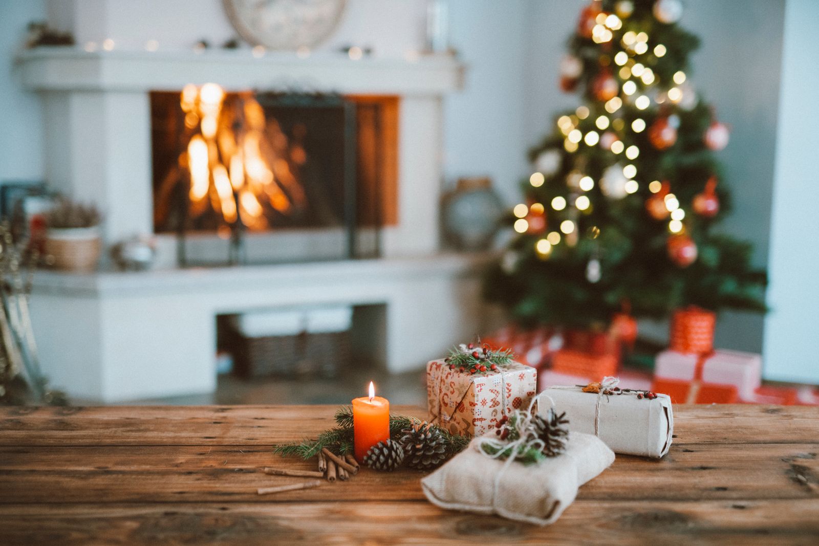 Christmas decorations with a fireplace