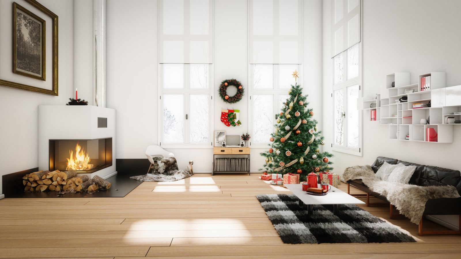 Contemporary room decorated for Christmas