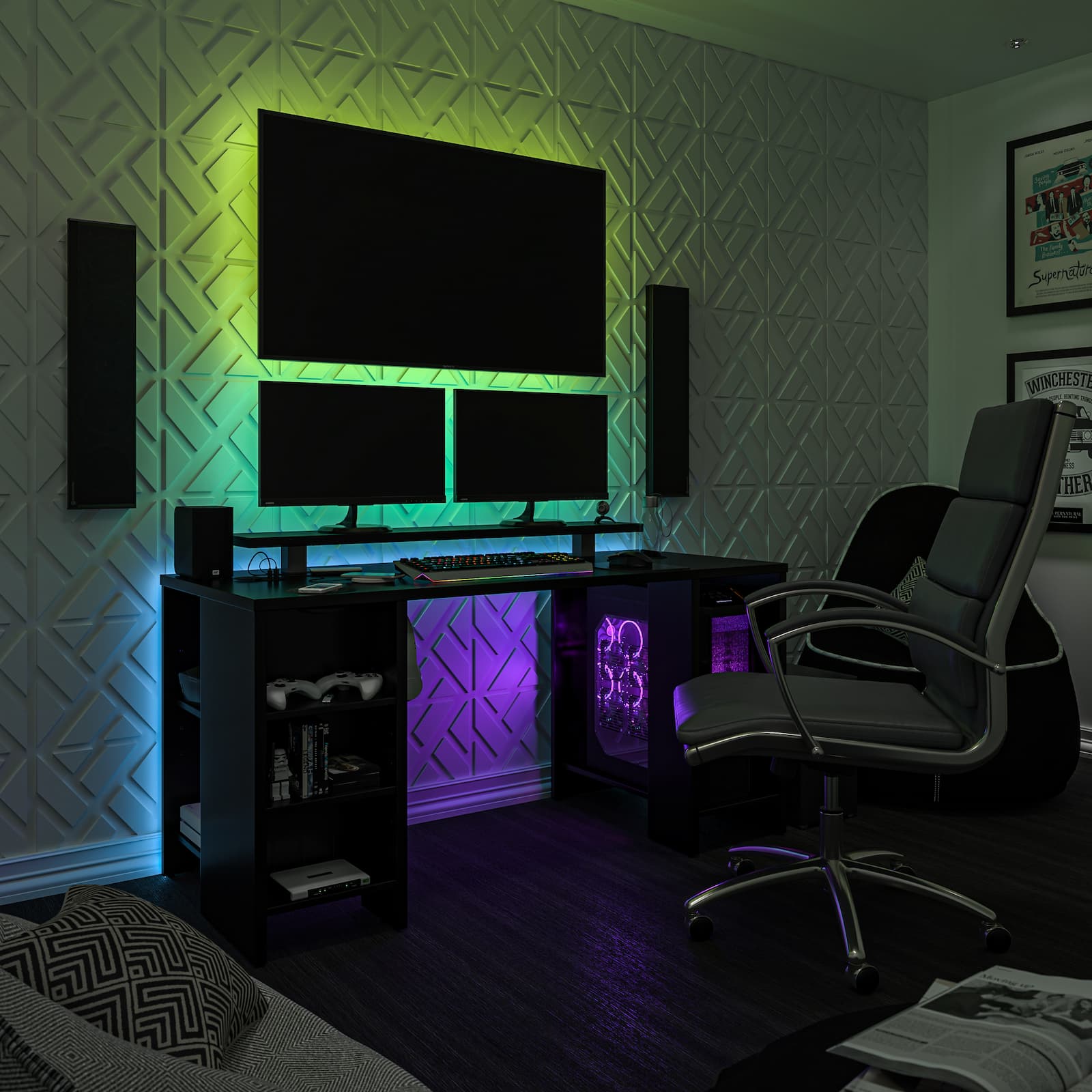 gaming desk LED lights monitors and TV