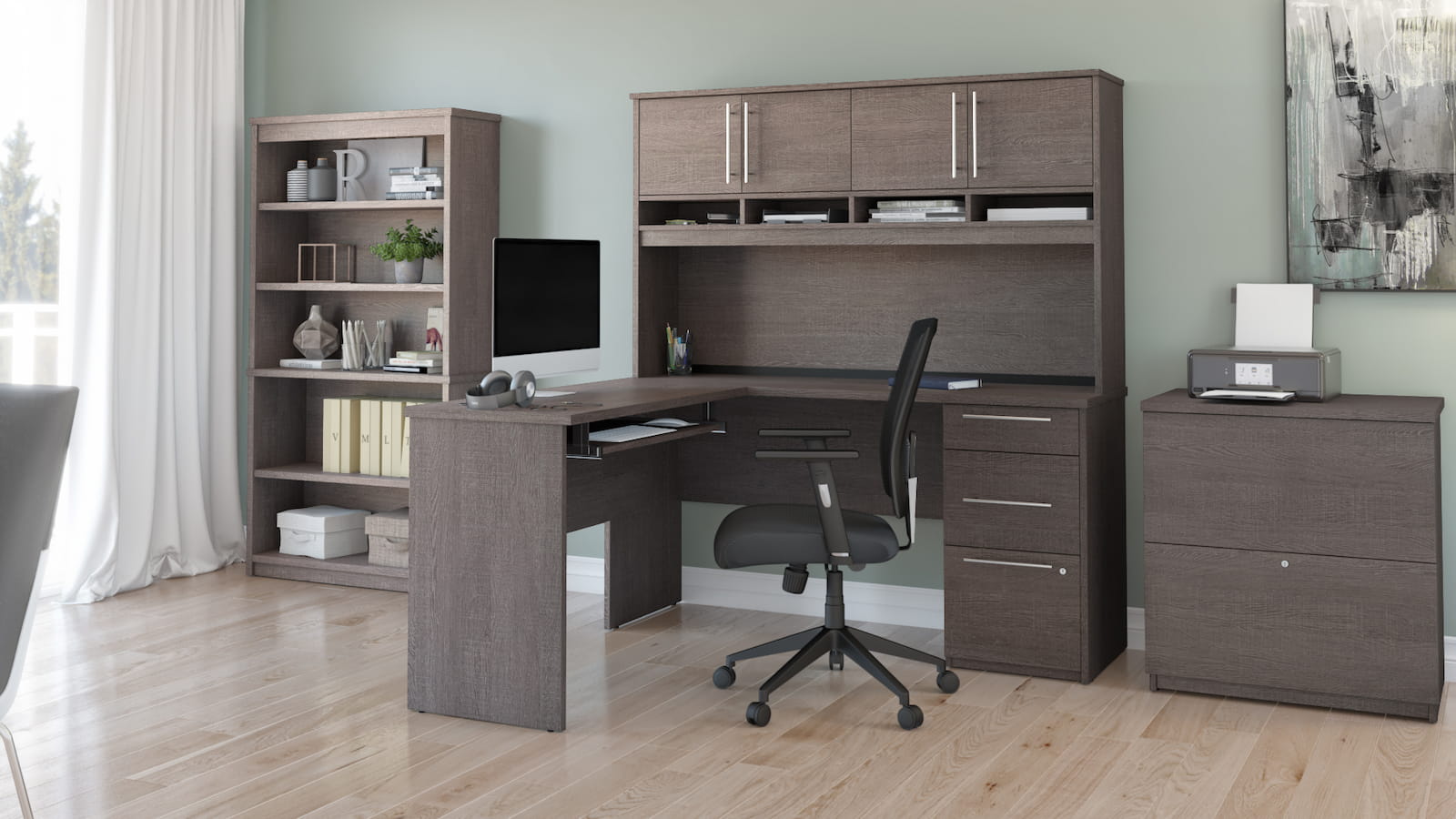 l-shaped desk with hutch bookcase black chair