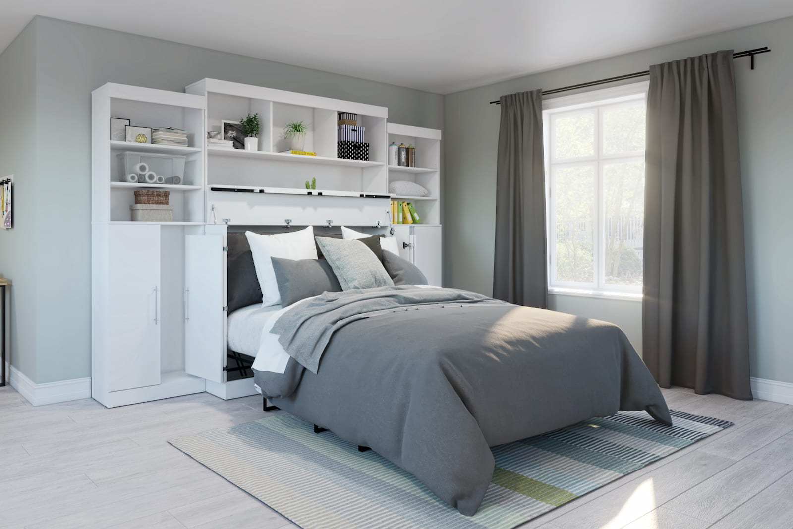 white cabinet bed with hutches and gray bedding