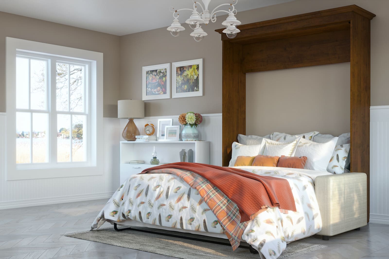 brown murphy bed with couch in room red and orange pillows and blankets