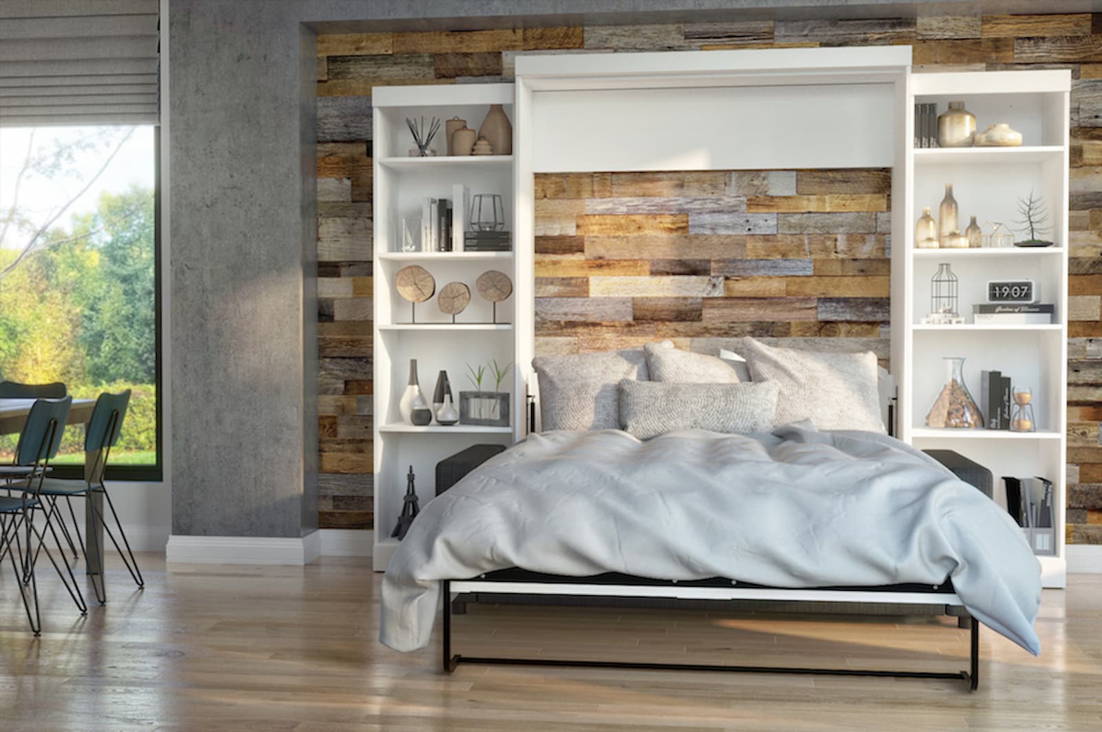 murphy bed with couch with wooden wall and blue bedding in kitchen