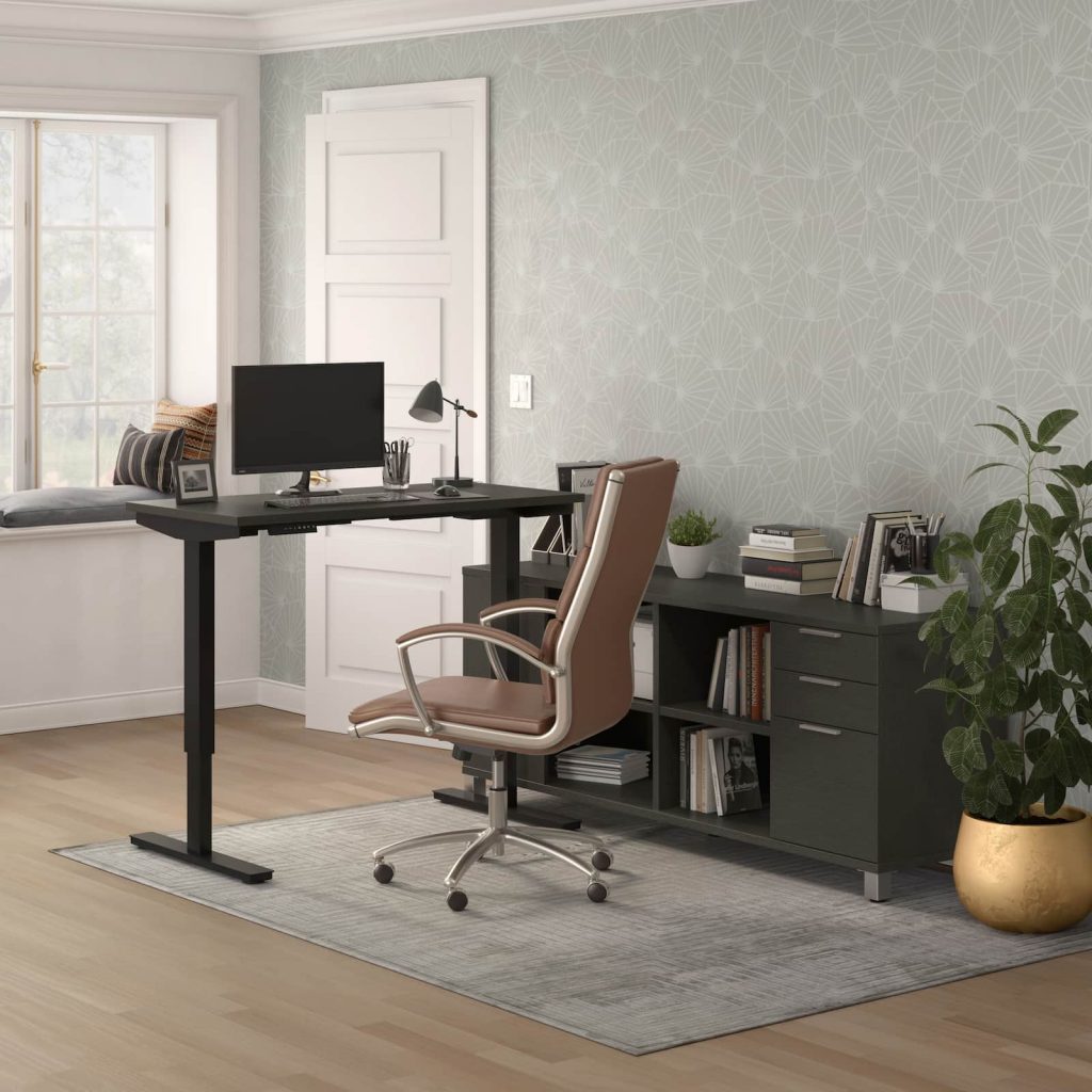 lifted standing desk with storage, brown credenza in front of window