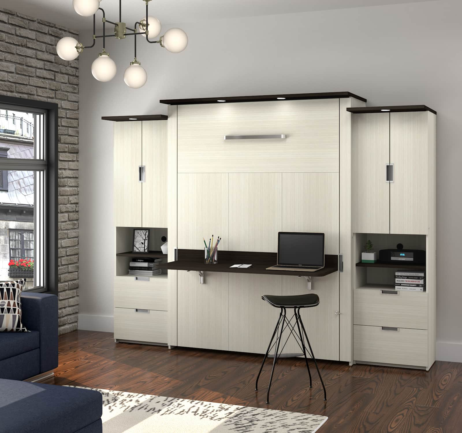 beige and brown murphy bed with built-in desk and side shelving units and hanging lights