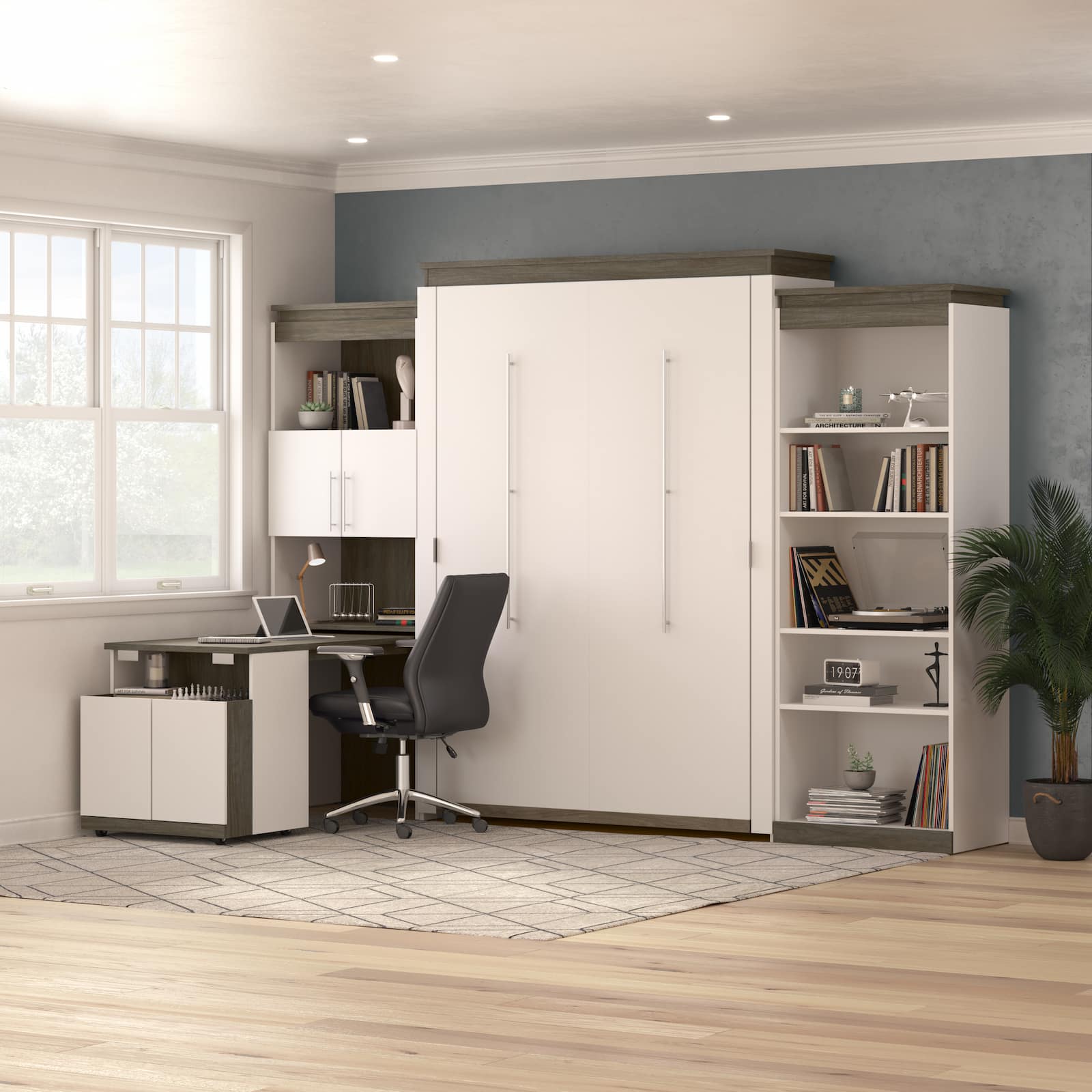 beige and brown murphy bed with desk in side shelving units and office chair