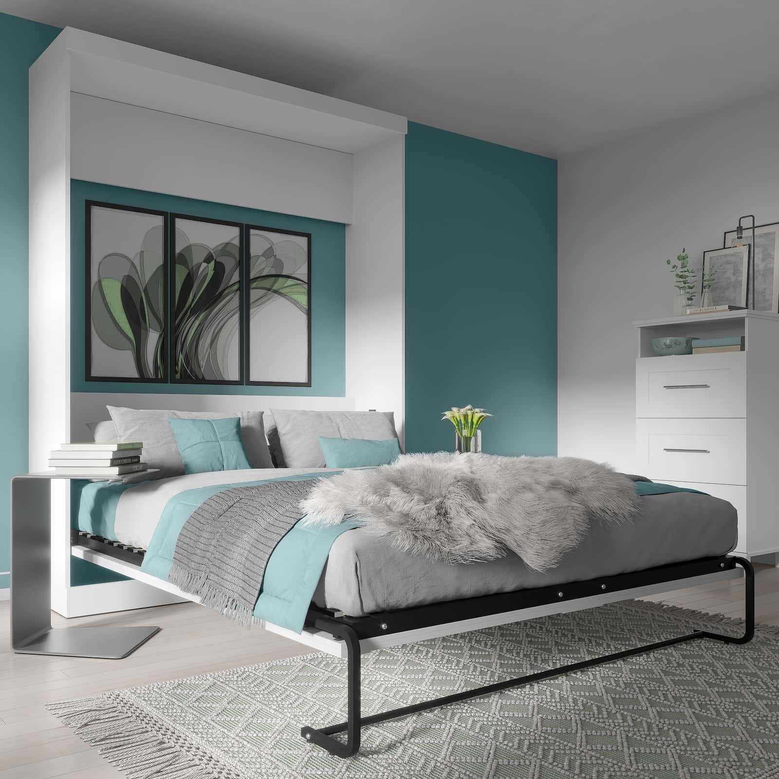 white queen murphy bed with blue wall and grey bedding