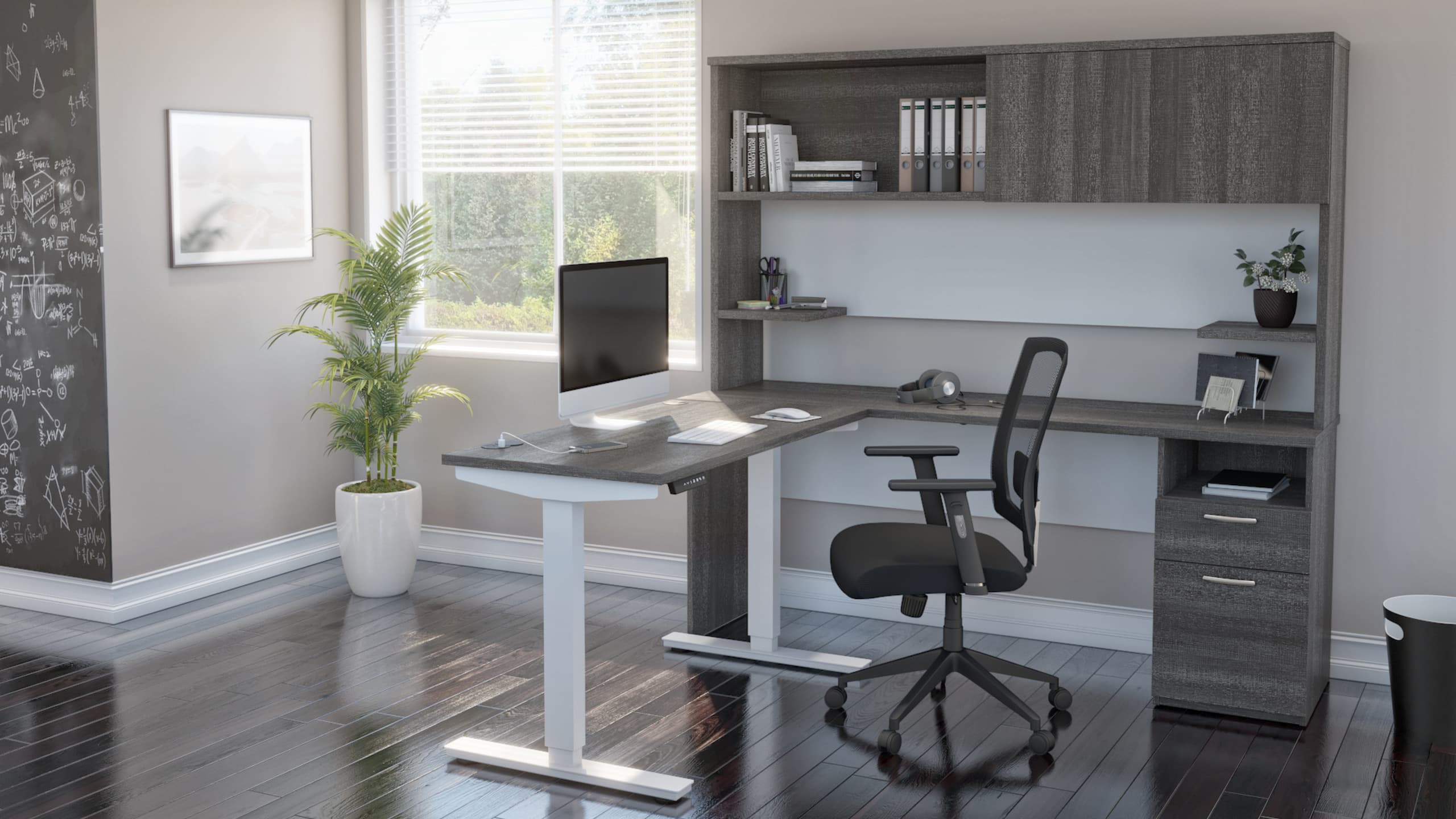Home office with a stylish L shaped standing desk