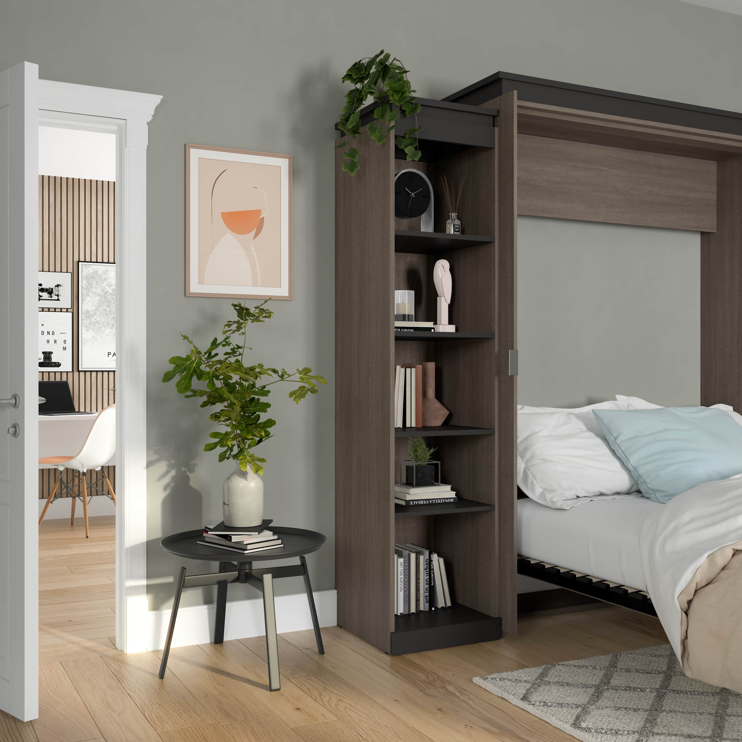 Modern narrow shelving unit with a Murphy bed