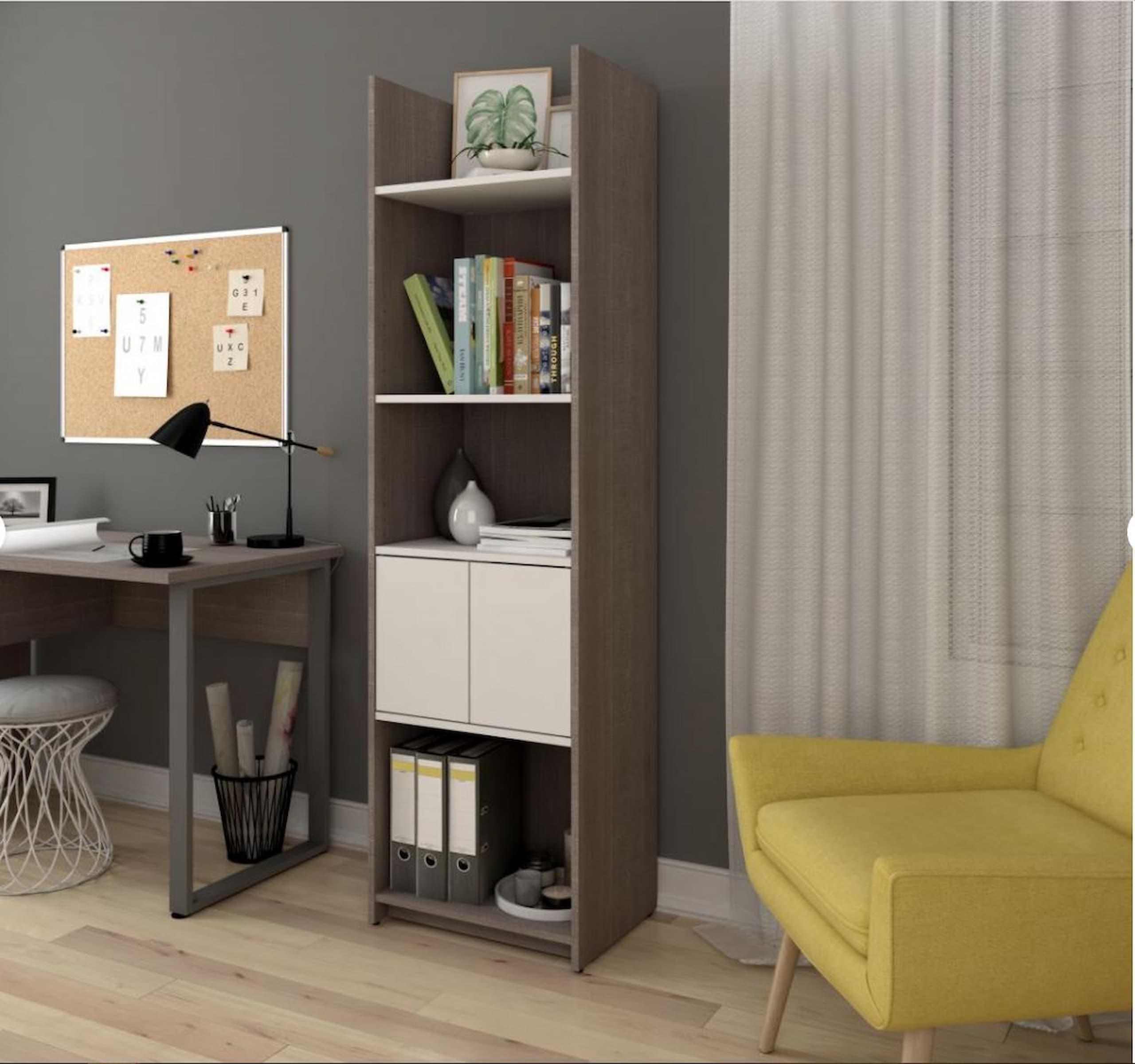 Two-tone narrow shelving unit in a home office