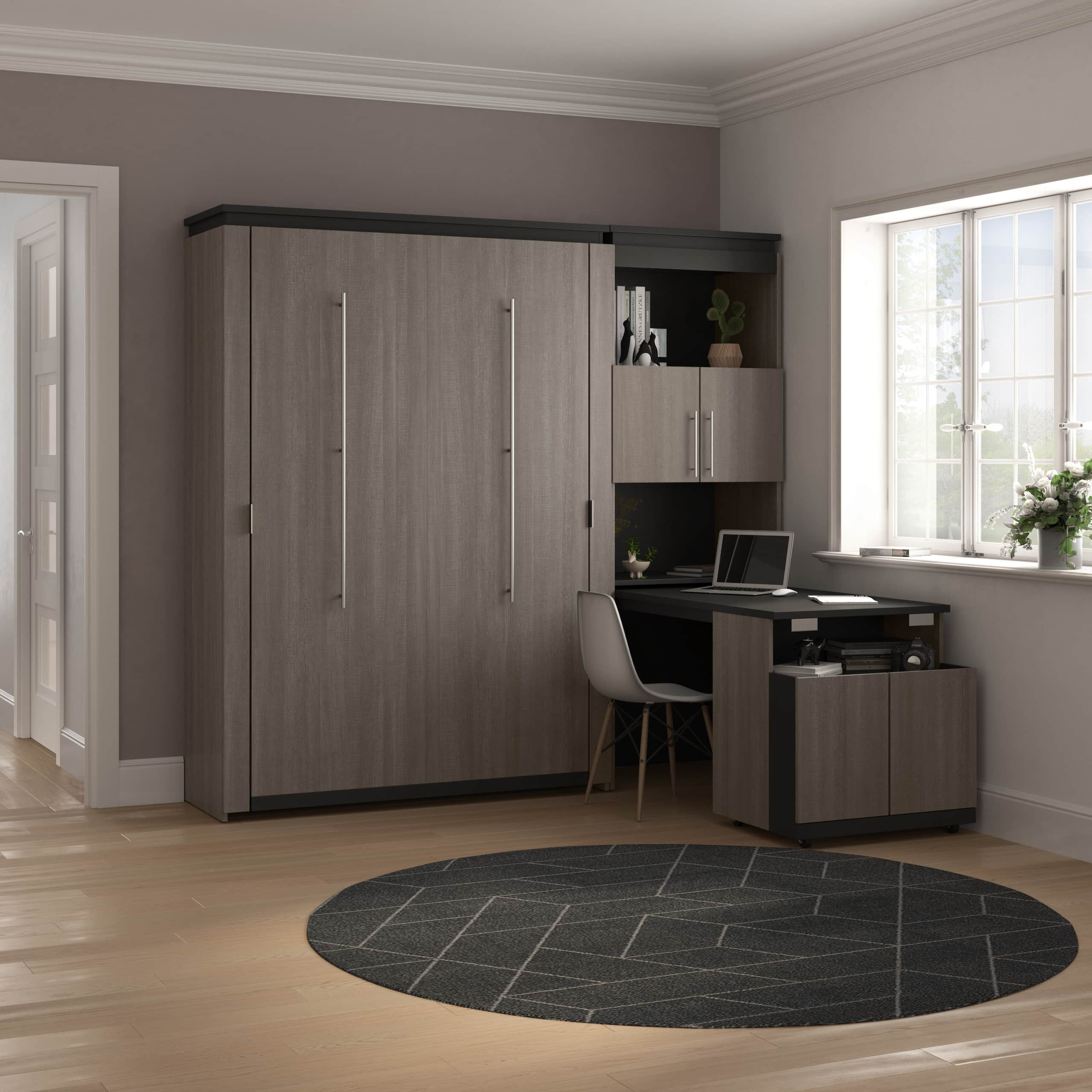 Brown Murphy bed with desk in a cozy room