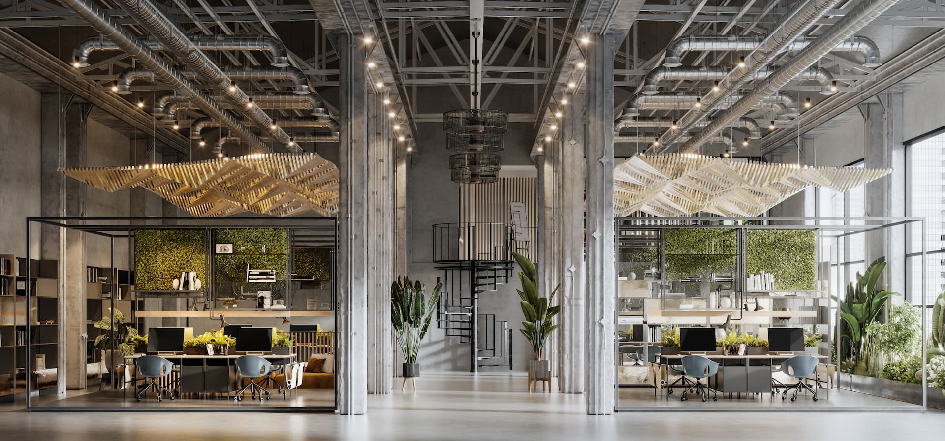 Large green office space with an industrial, modern decor
