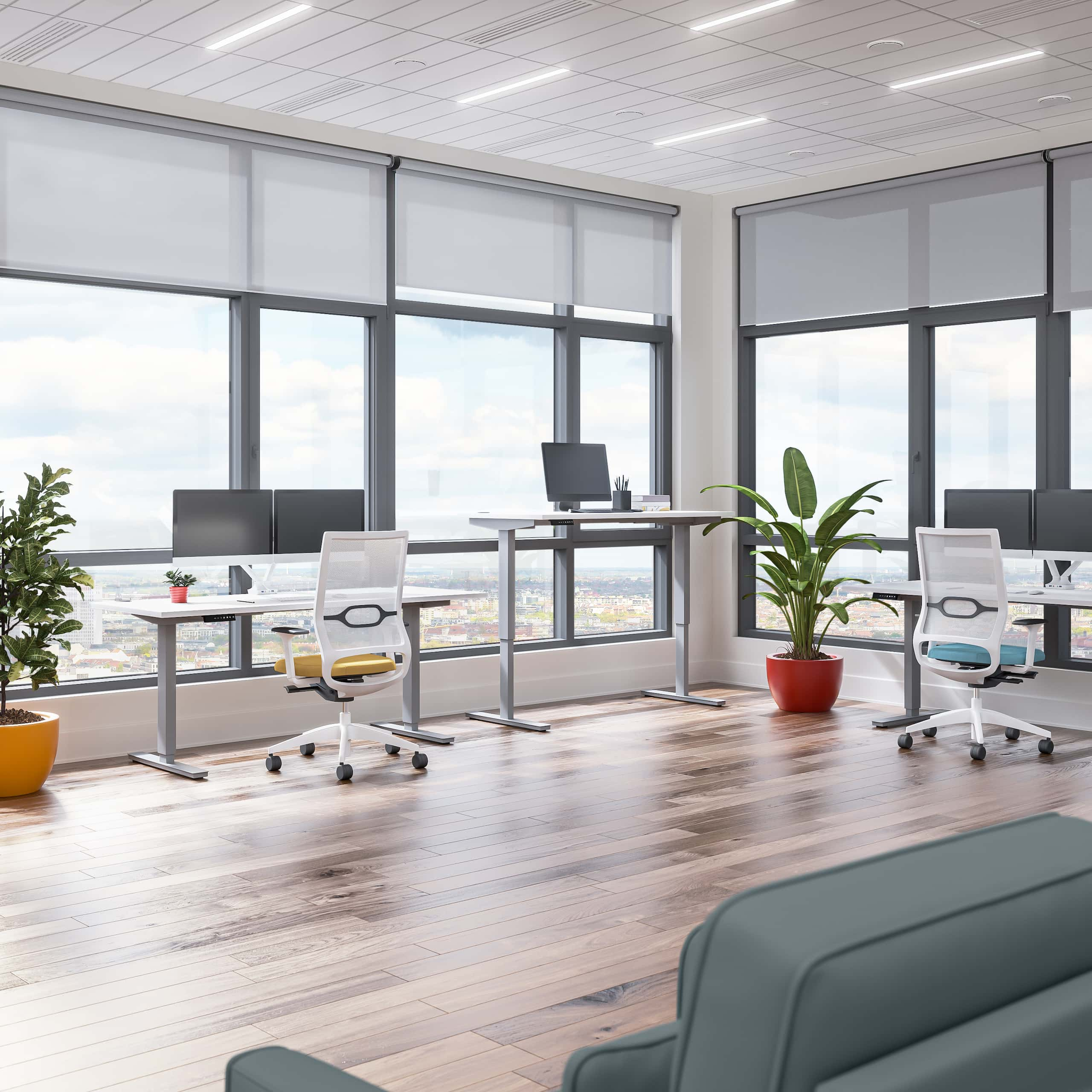 Open concept office space with ergonomic standing desks