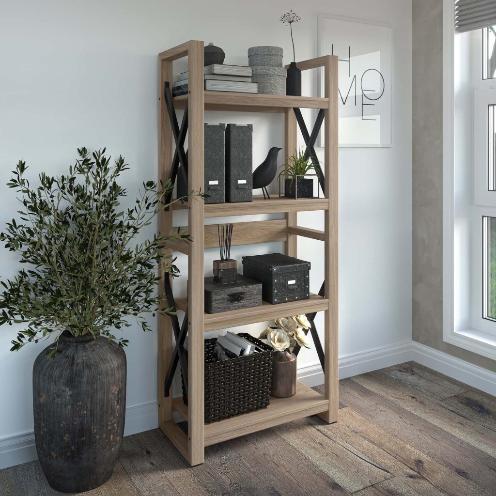 Modern farmhouse bookcase with beautiful decorations