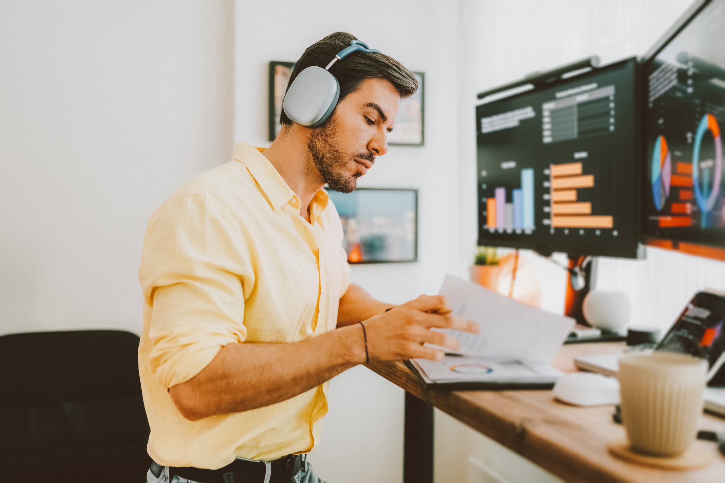 Man working comfortably at standing desk