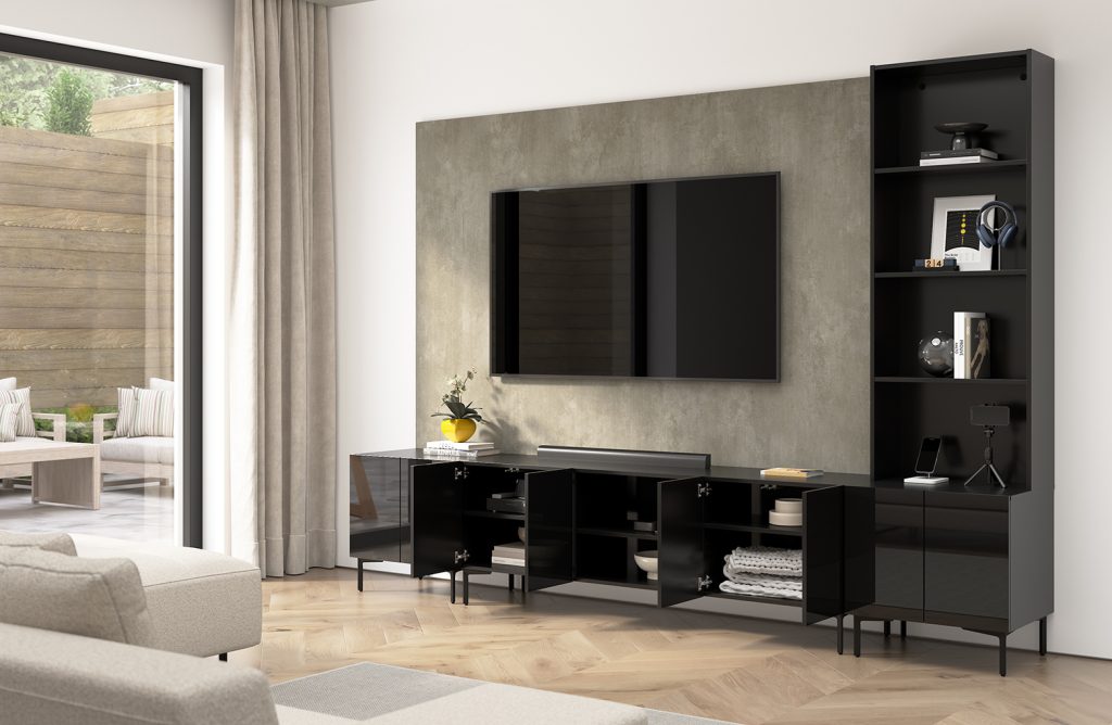 Bestar Barletta TV stand and shelving in contemporary living room