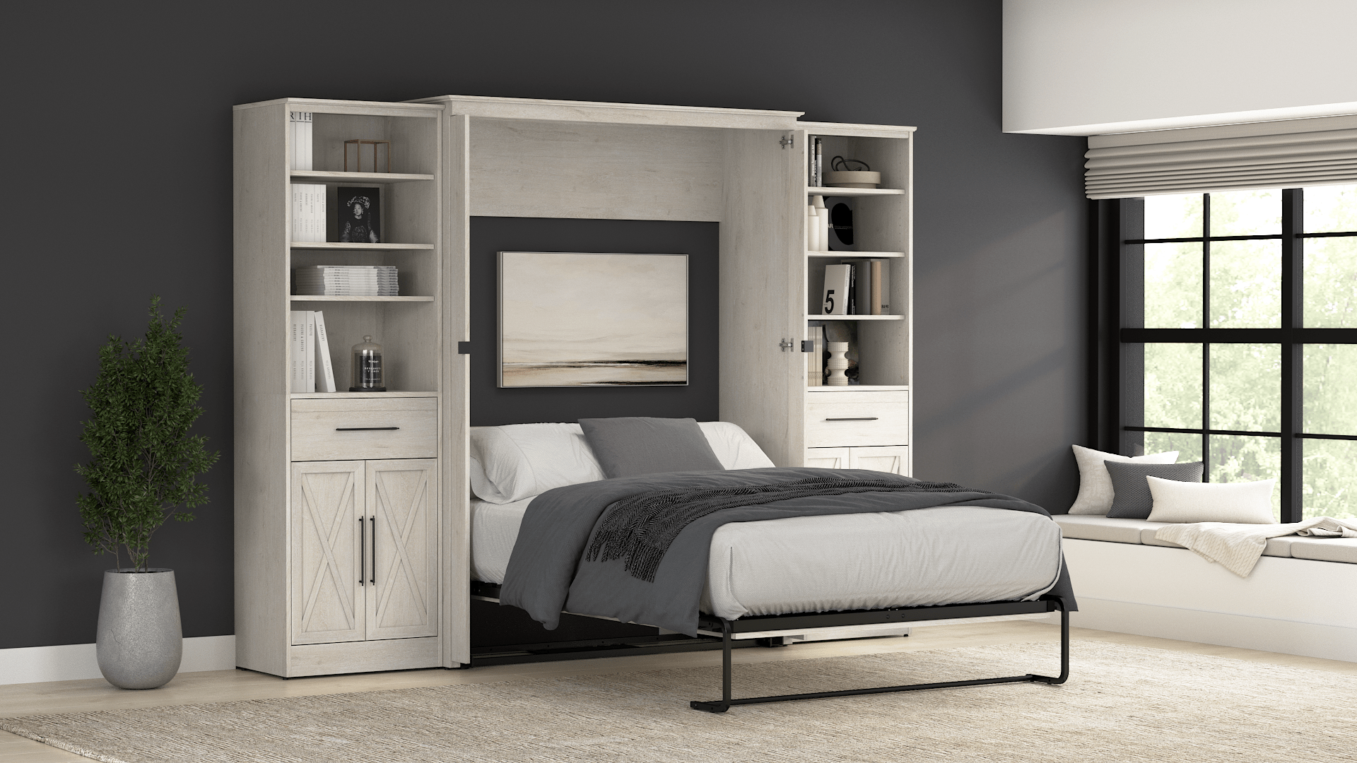 Bestar Murphy bed with integrated shelves and storage, opened in a modern bedroom with grey tones.