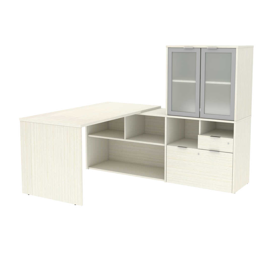 72W L-Shaped Desk with Frosted Glass Door Hutch