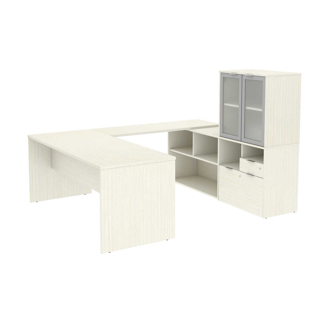 72W U-Shaped Executive Desk with Frosted Glass Doors Hutch