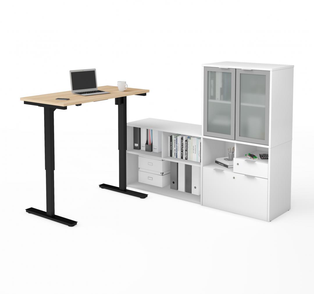 72W L-Shaped Standing Desk and Hutch with Frosted Glass Doors