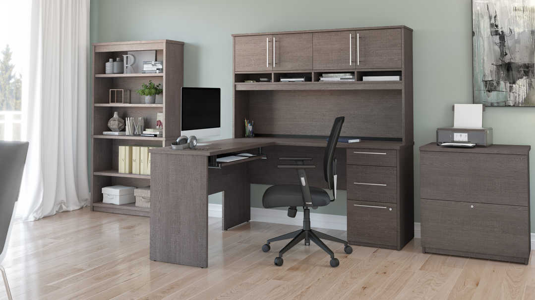 i5 Industries Contemporary L-Desk with Glass Door Hutch and Mobile File