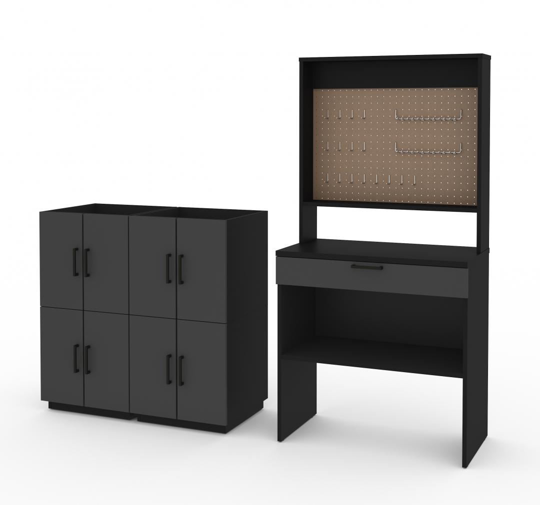 7-Piece Set including a Workbench with Pegboard and Stackable Storage Cabinets