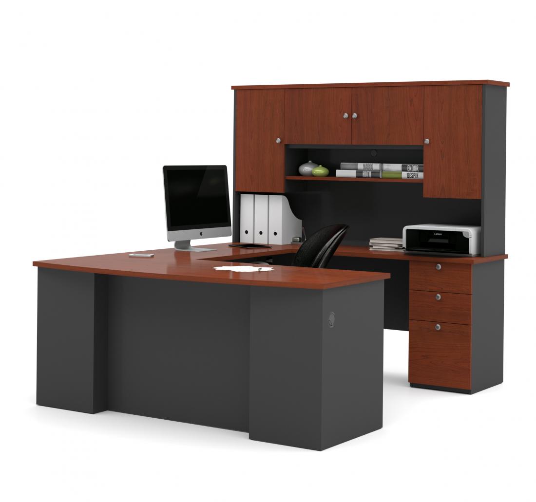 U or L-Shaped Desk with Hutch, a Lateral File Cabinet and a Bookcase