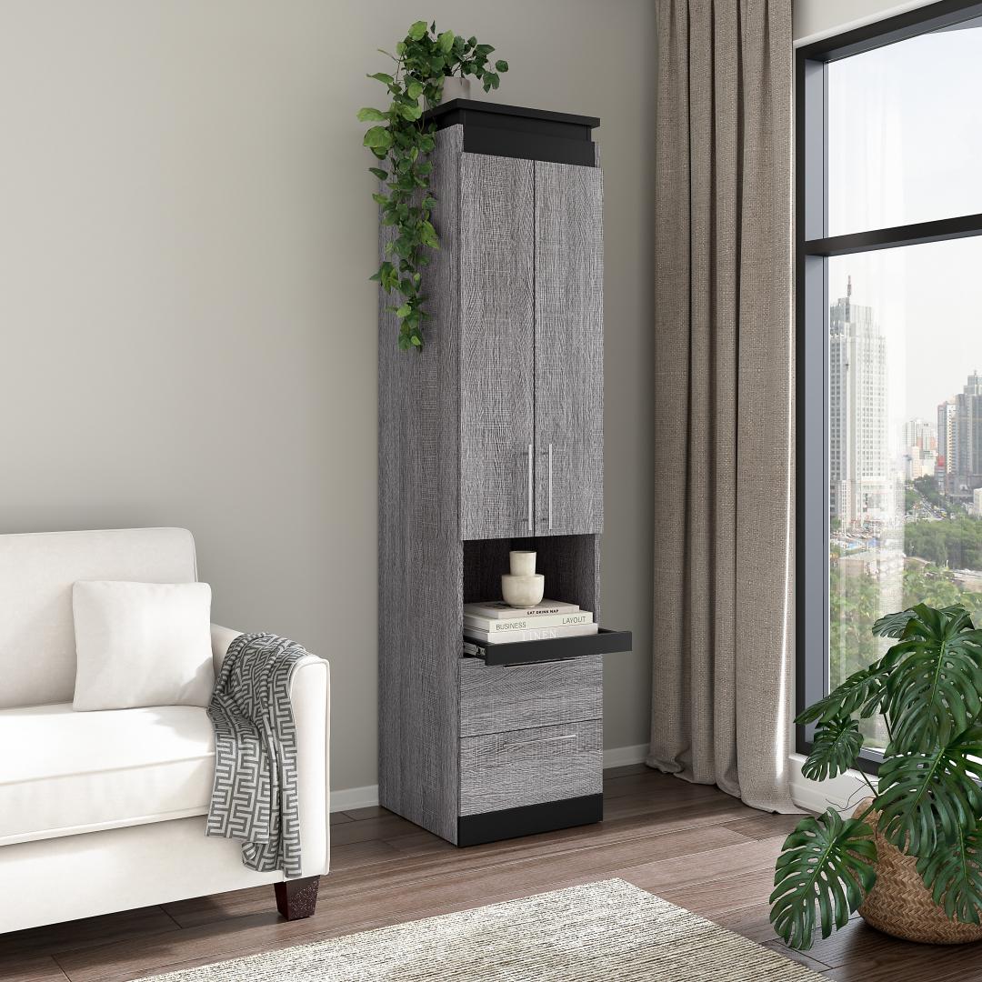 20W Narrow Storage Cabinet with Doors, Drawers and Pull-Out Shelf in Bark Gray & Graphite by Bestar