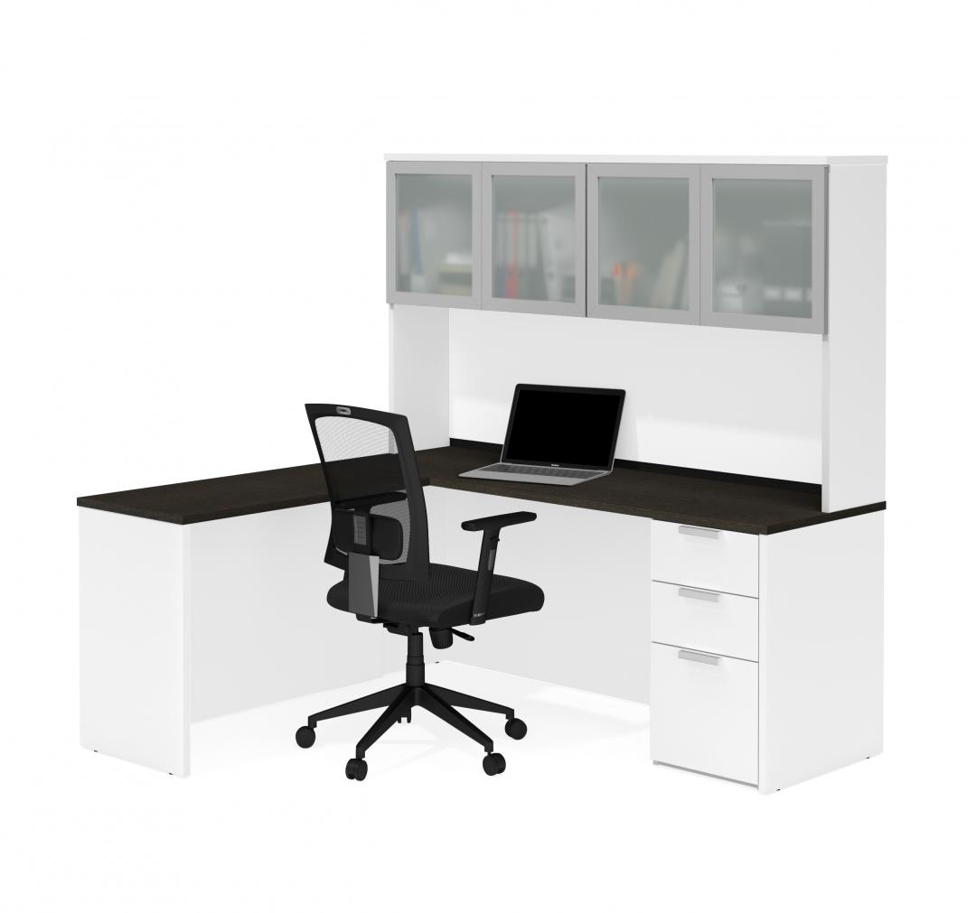 72W L-Shaped Desk with Pedestal and Frosted Glass Doors Hutch