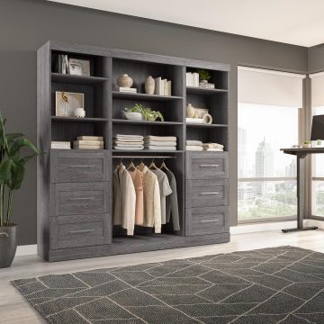 Contemporary Closet System with Shelves, Drawers & Clothing Rods, 86W x 19D