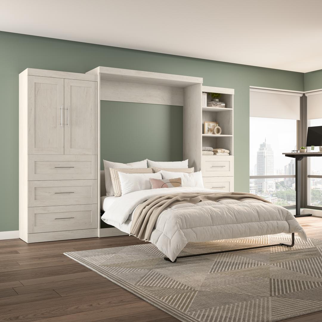 White queen murphy bed store with storage
